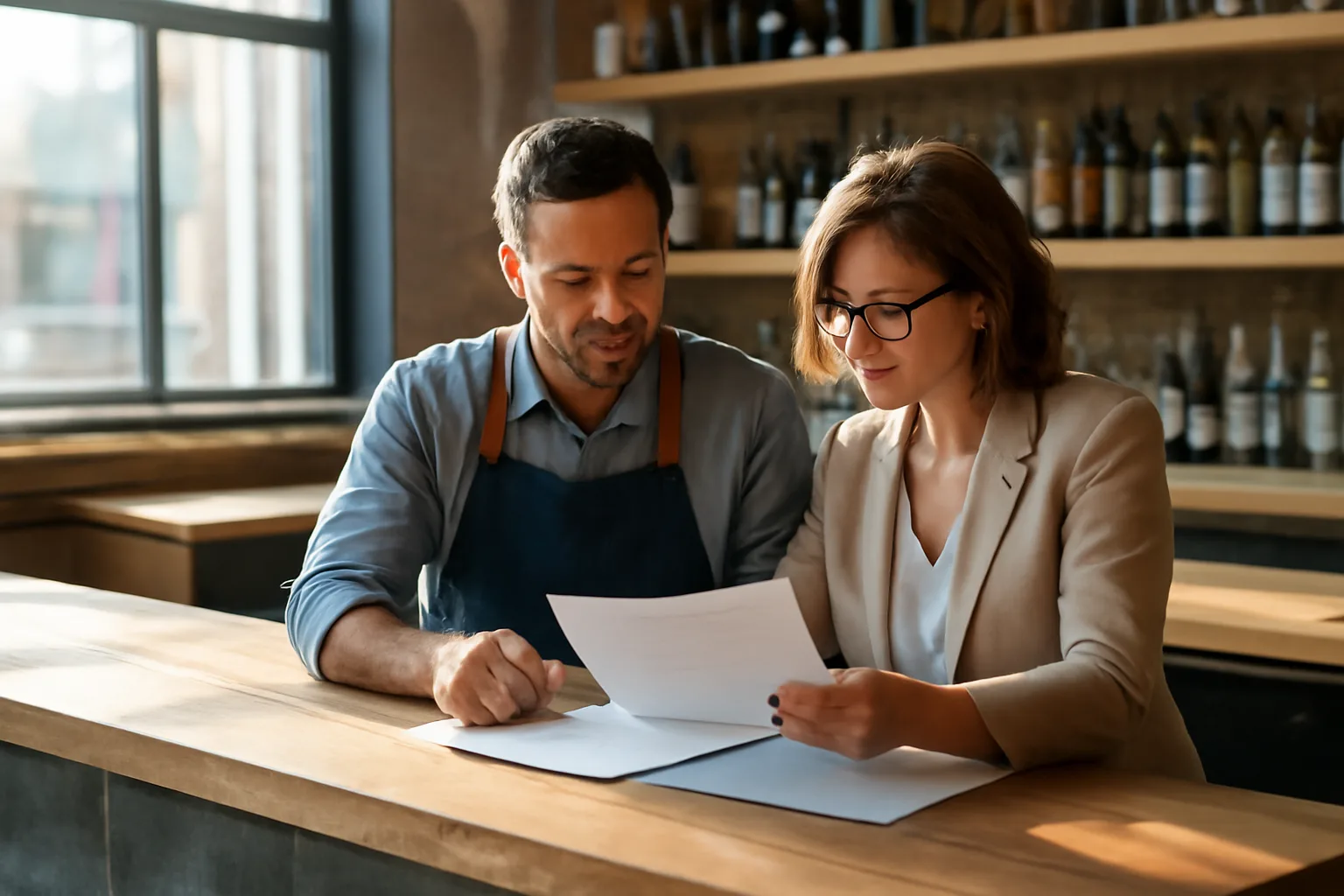 Restaurant owner reviewing liquor license paperwork at an unfinished bar counter
