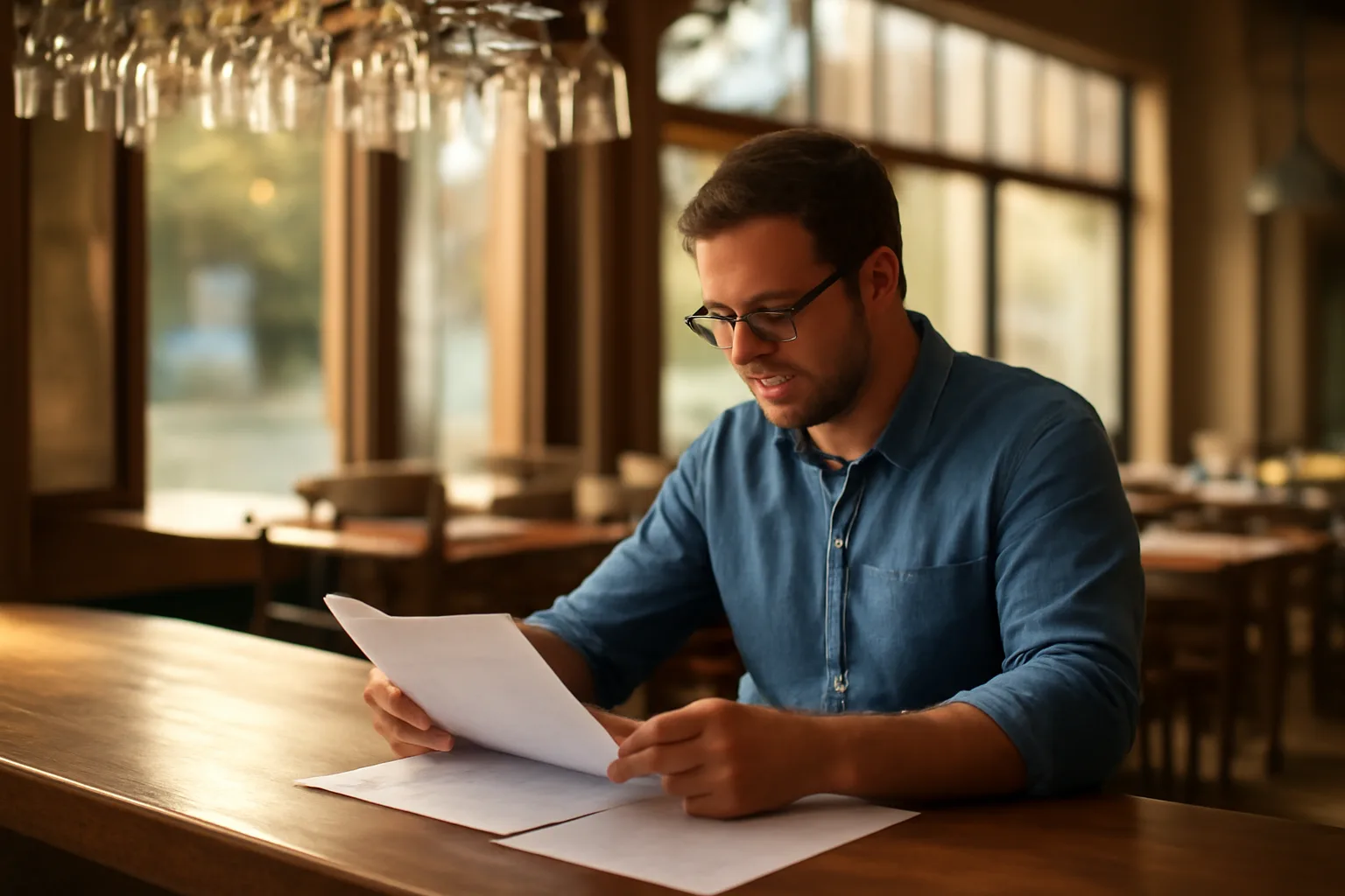 Restaurant owner reviewing documents at bar counter before opening, discussing liquor license cost