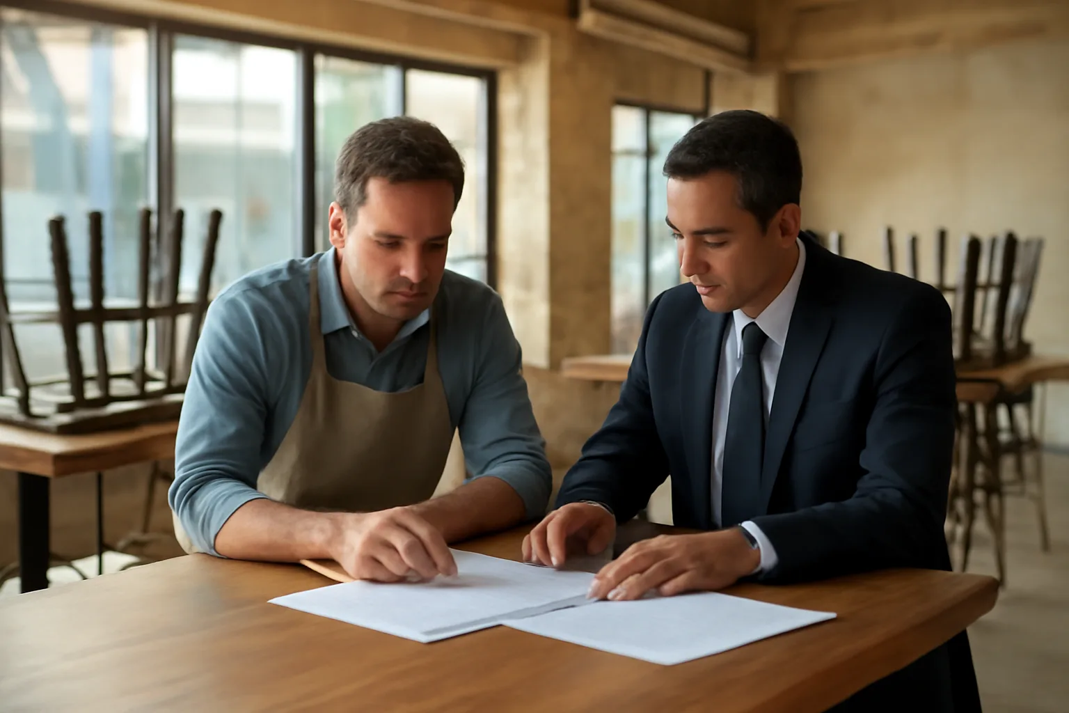 Restaurant owner reviewing documents at a bar top while planning liquor license costs