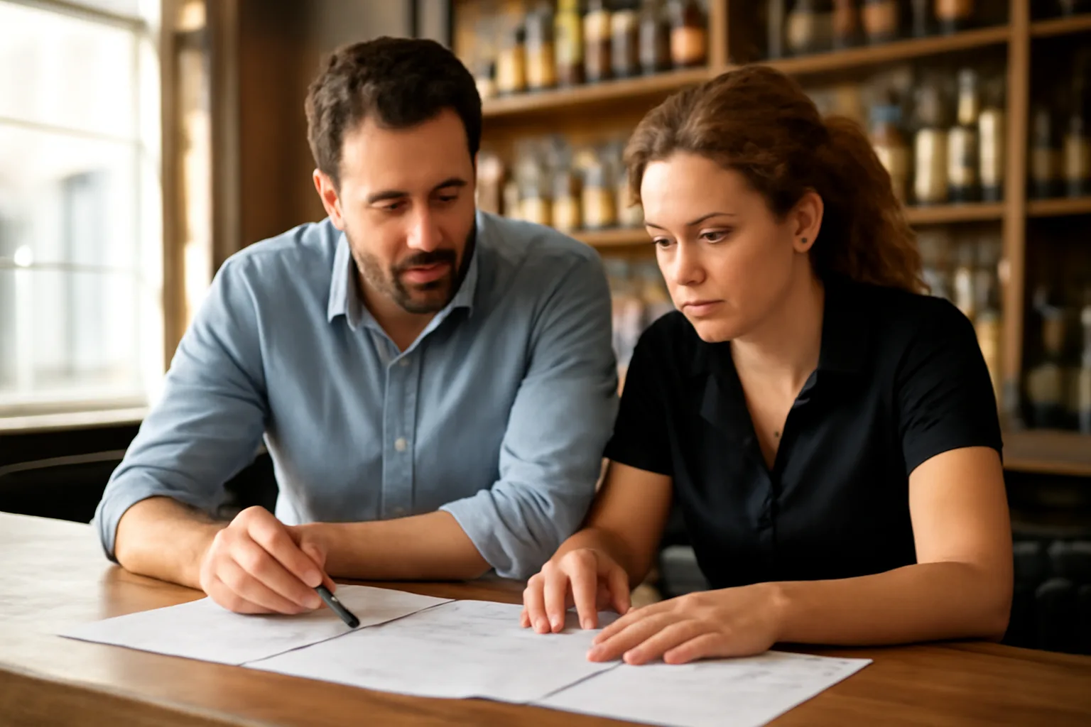 Restaurant owner and manager reviewing documents at a bar counter discussing liquor license costs