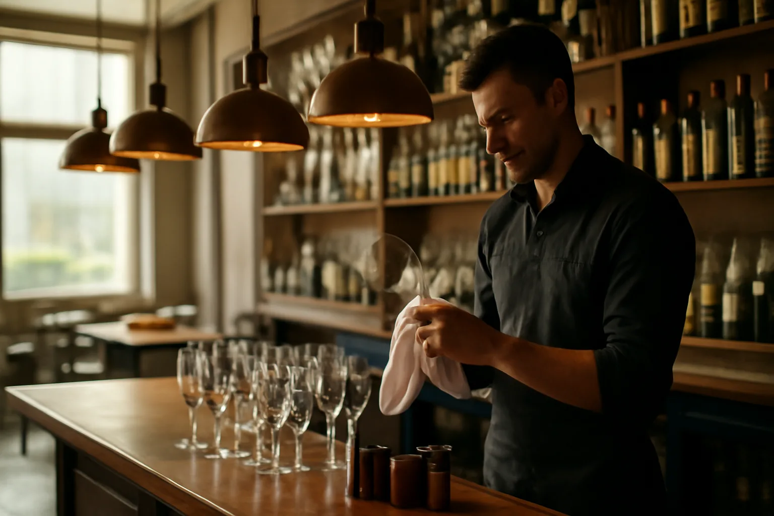 Bartender preparing a restaurant bar before opening, illustrating type 47 liquor license cost planning