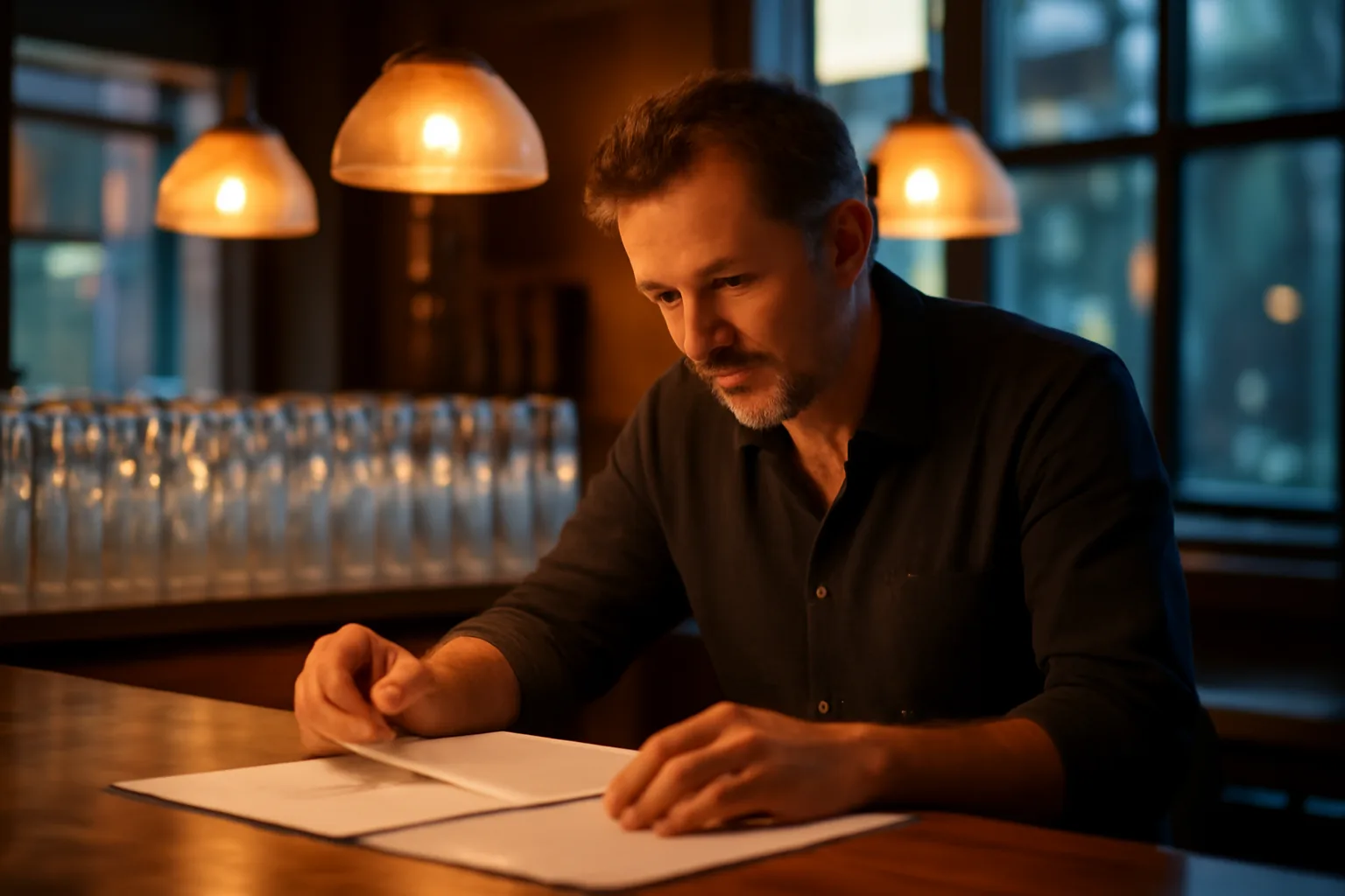 Bar owner reviewing liquor license paperwork at an empty bar counter