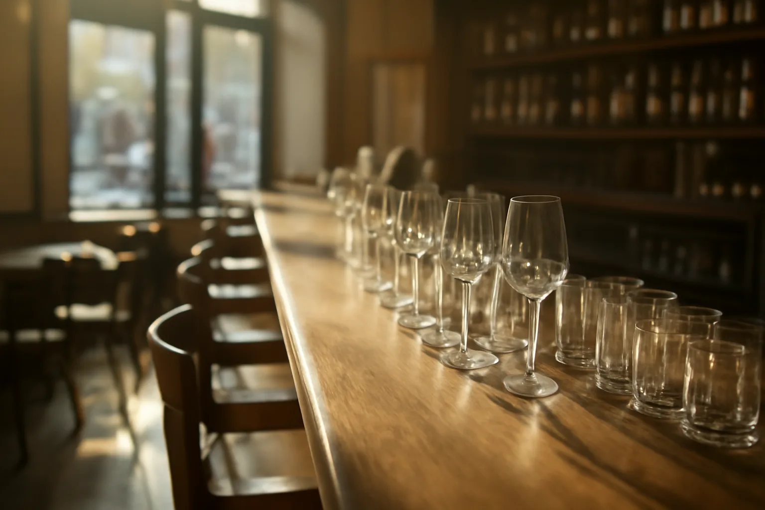 Empty restaurant bar in afternoon light, illustrating the cost of a liquor license