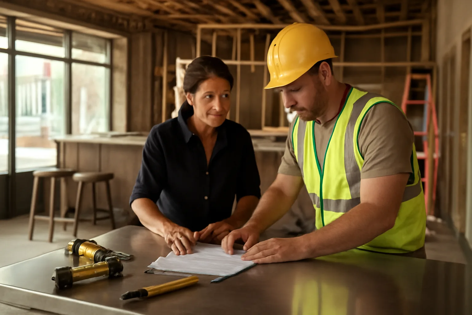 Restaurant owner reviewing documents at a bar under construction in Florida