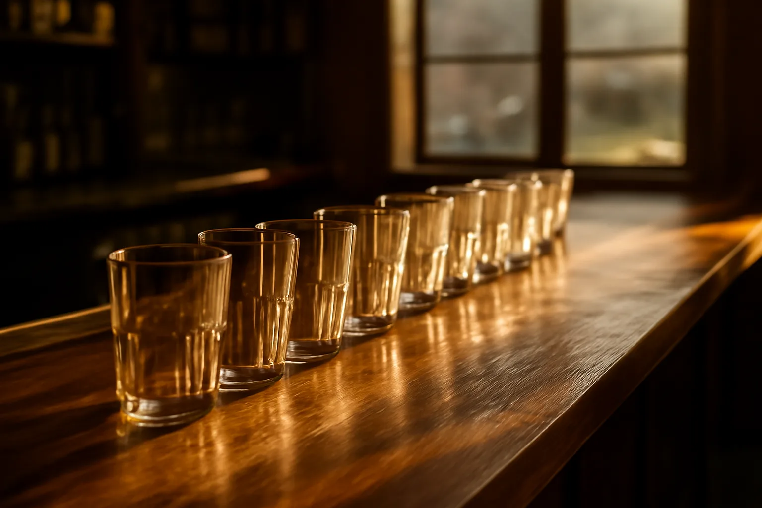 Empty restaurant bar counter with glassware, representing the cost of a California liquor license