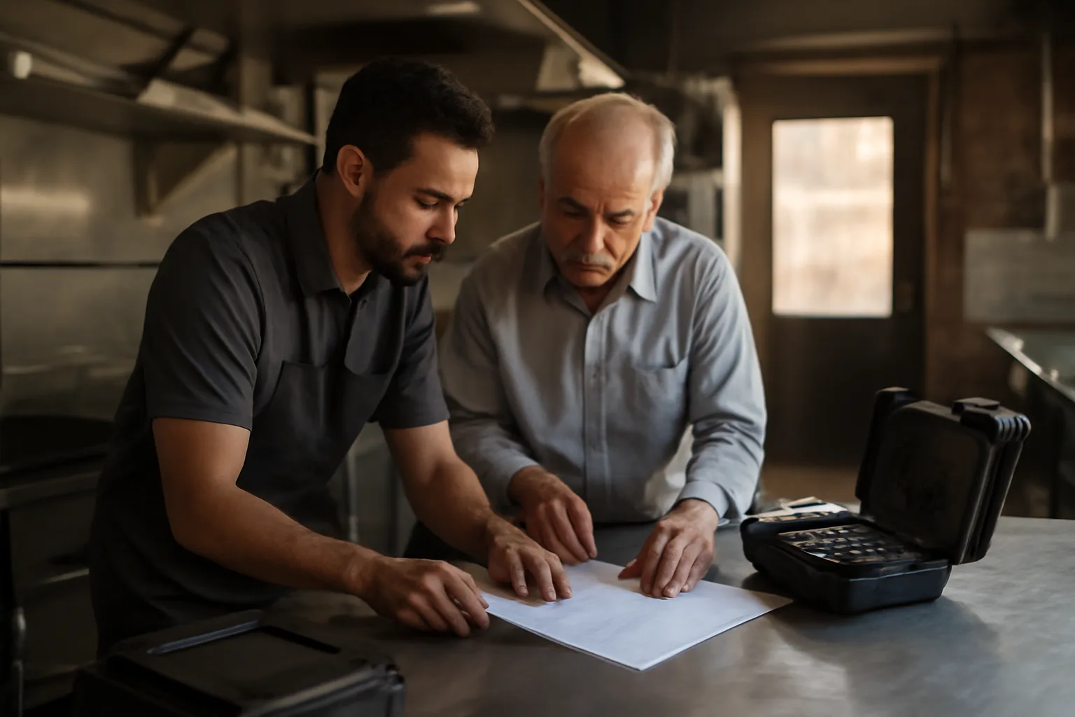 Restaurant owner reviewing liquor license paperwork on a kitchen prep table