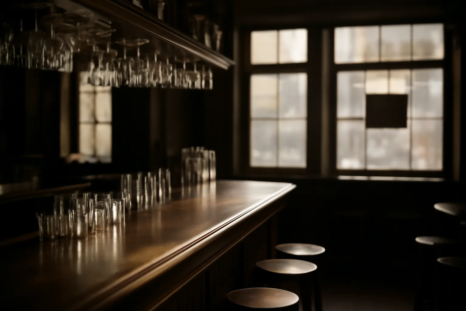 Empty bar counter with glassware in morning light before opening for business
