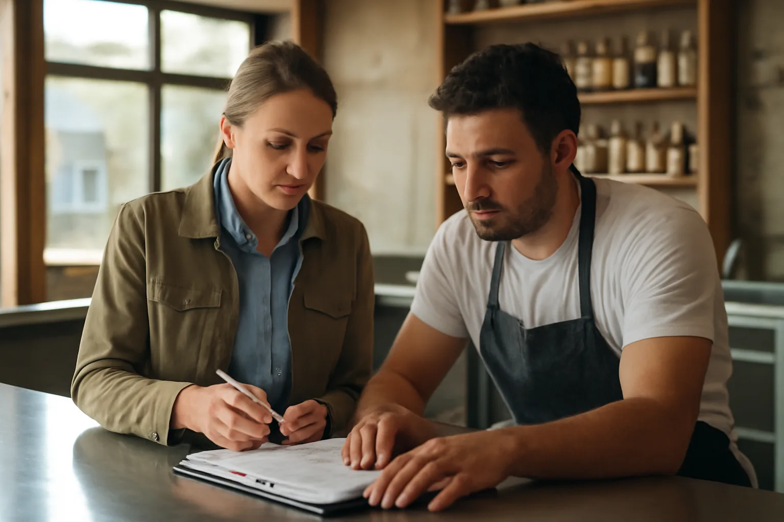 Restaurant owner reviewing California liquor license paperwork with an inspector at a bar