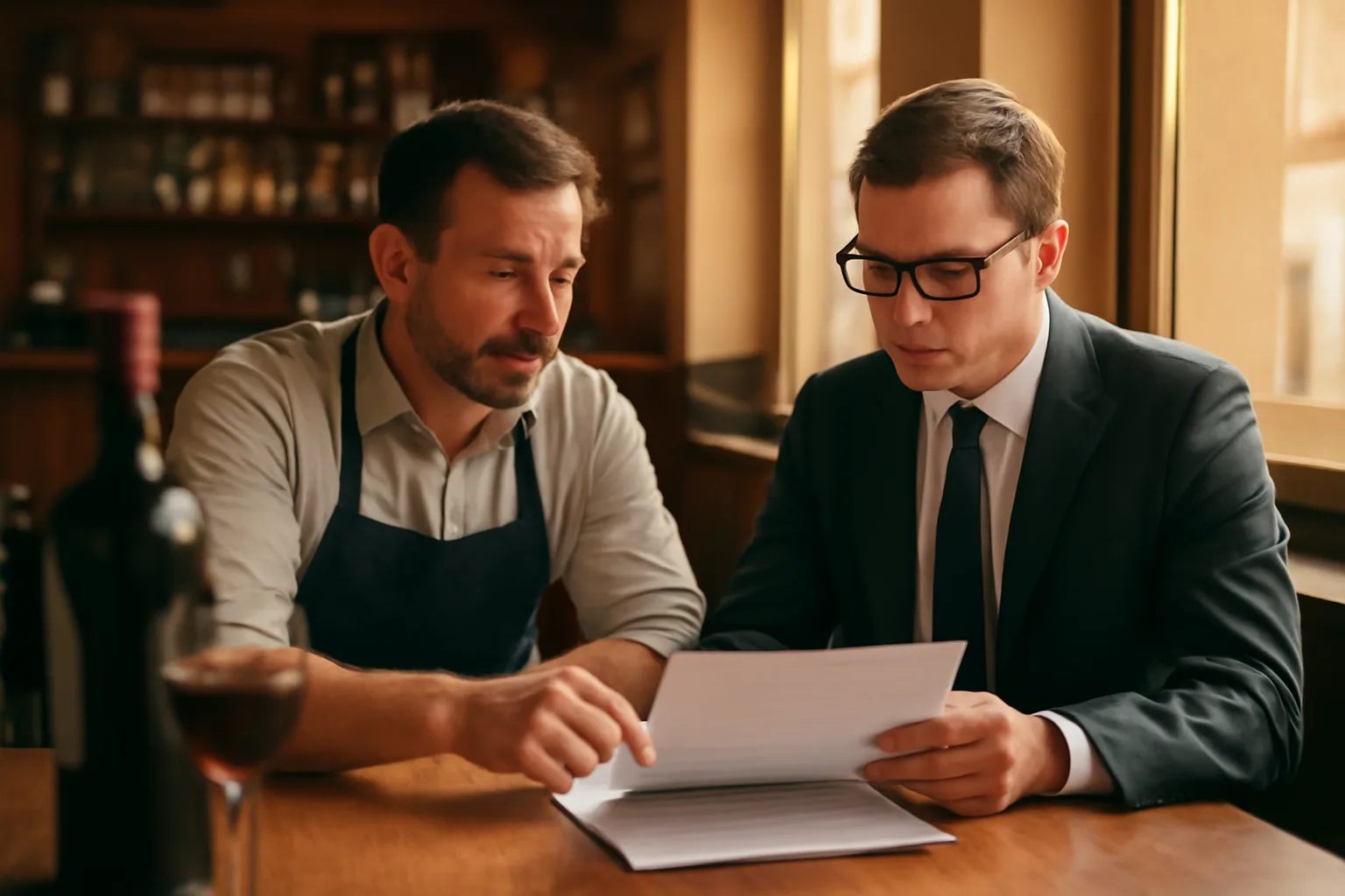 Restaurant owner reviewing liquor license paperwork with an advisor at a bar counter