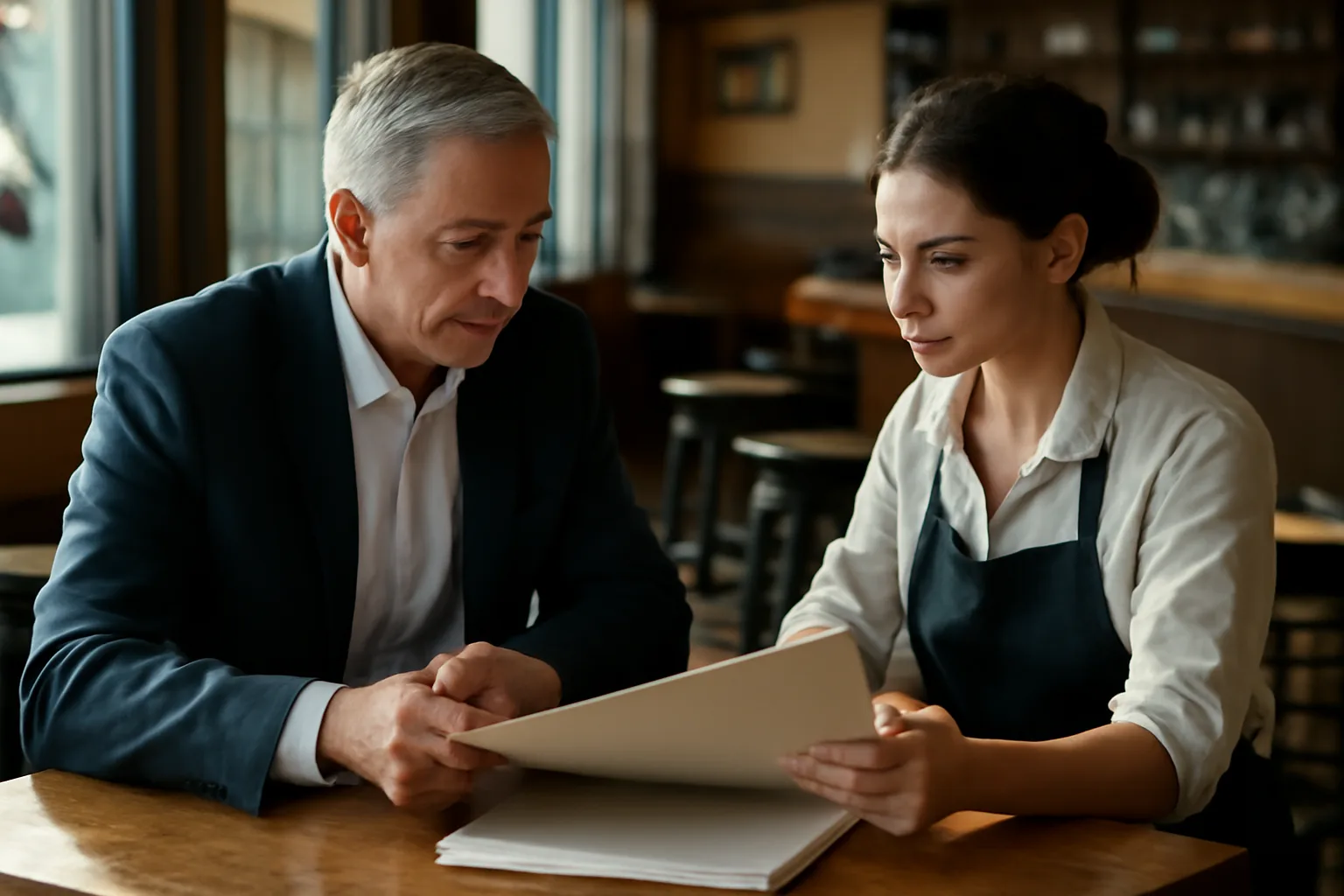 Restaurant owner and attorney reviewing liquor license paperwork in an empty California bar