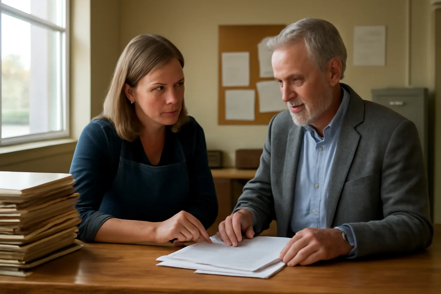 Restaurant owner discussing liquor license paperwork with a local licensing clerk