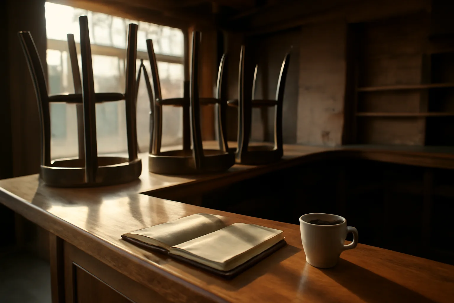 Empty Kansas bar interior during buildout with stacked stools and morning light