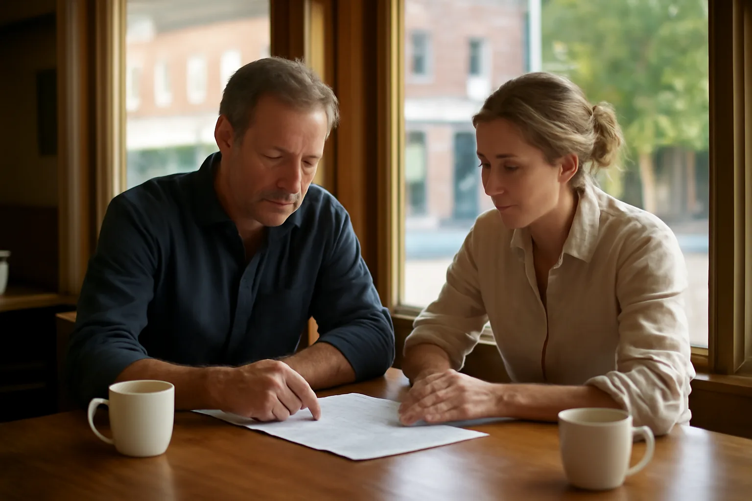 Restaurant owner discussing liquor license paperwork with a clerk at a counter