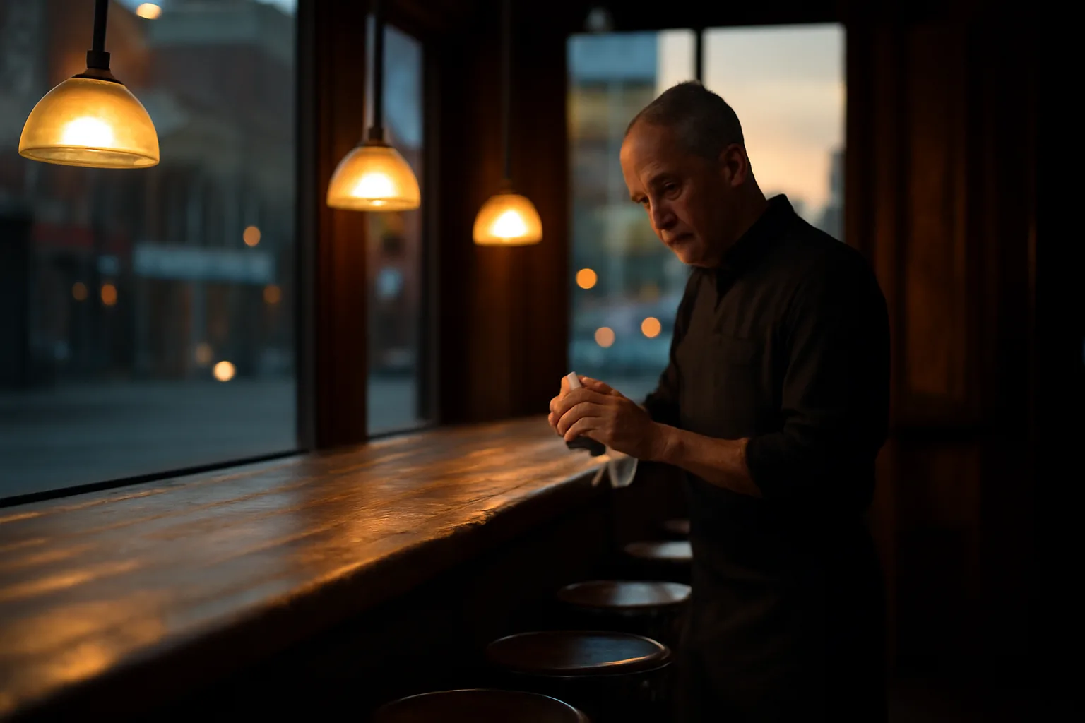 Bartender wiping a glass at an empty wooden bar before opening in Massachusetts