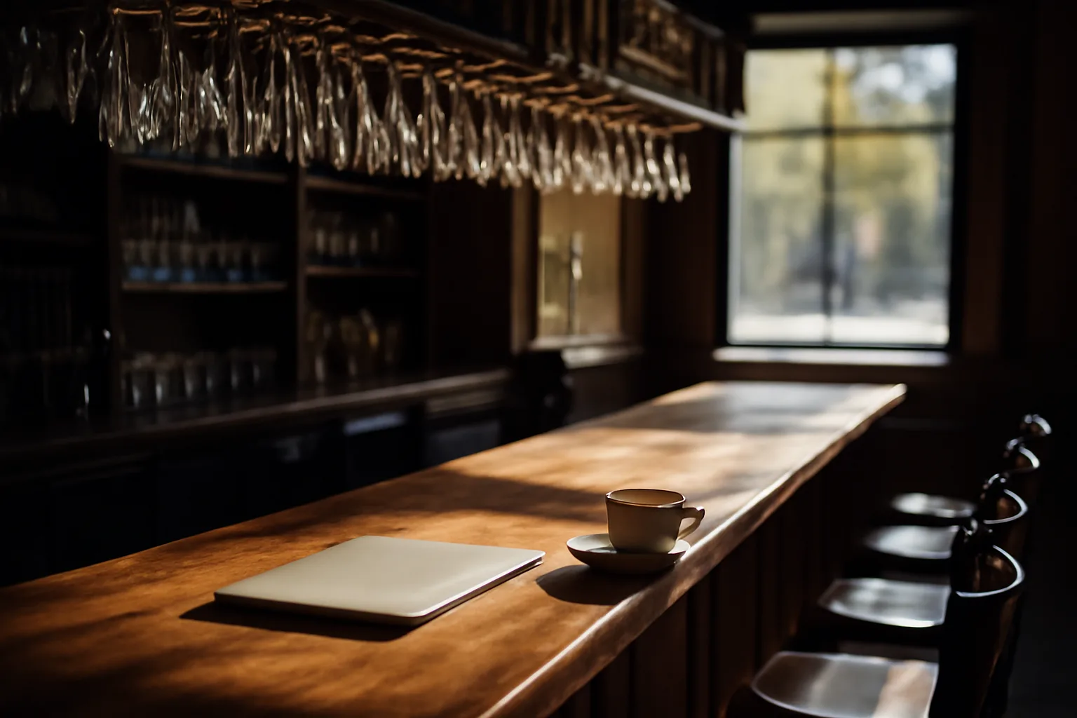 Empty bar counter in a restaurant preparing to open, no signage visible