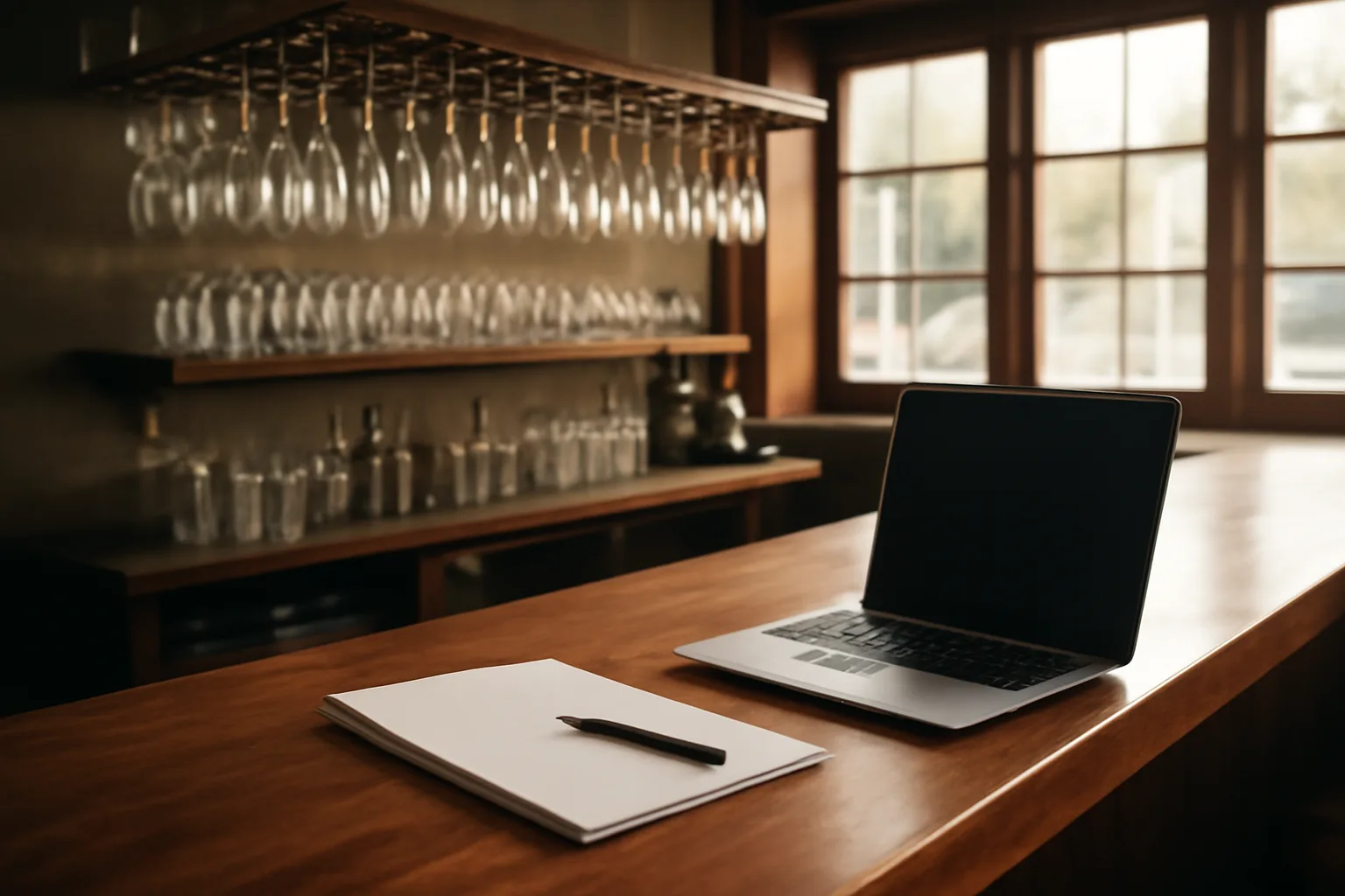 Restaurant bar counter with paperwork and laptop for liquor license application planning