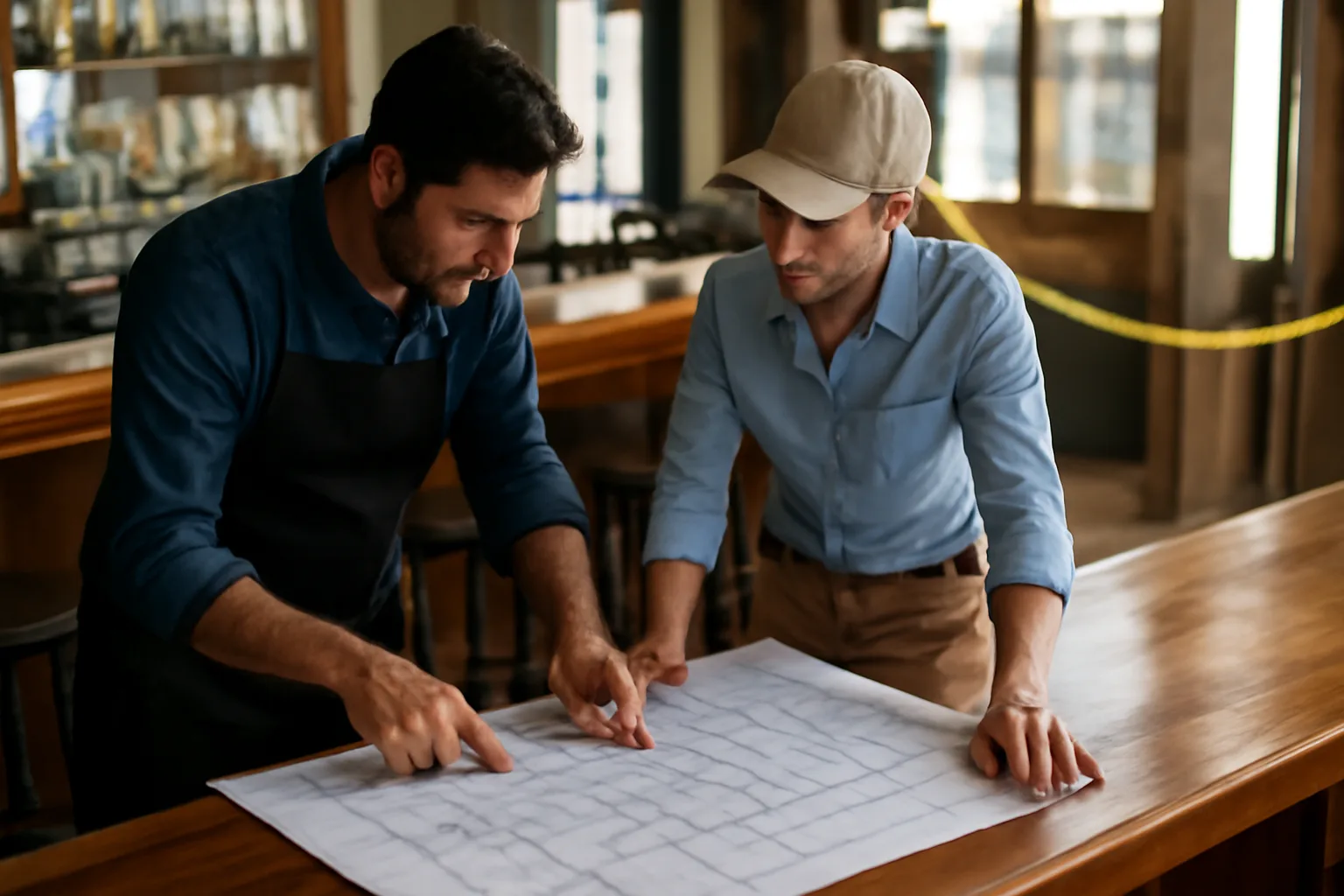Restaurant owner reviewing floor plan with official at bar counter during buildout