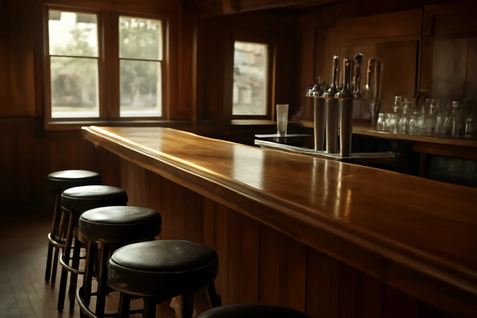 Empty Wisconsin tavern interior with bar top and taps in daylight