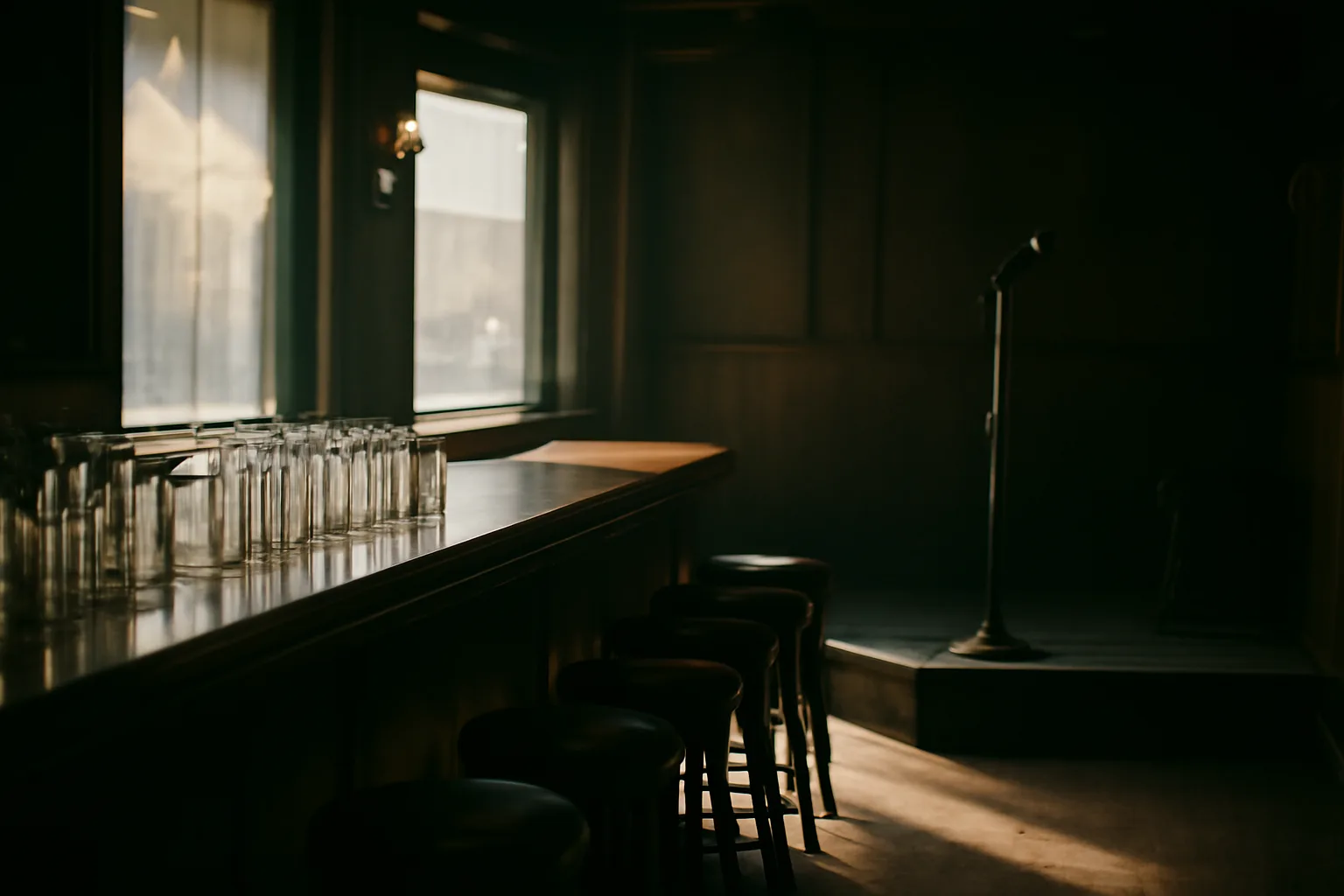 Empty bar interior with stage corner, illustrating costs behind a bar's music license