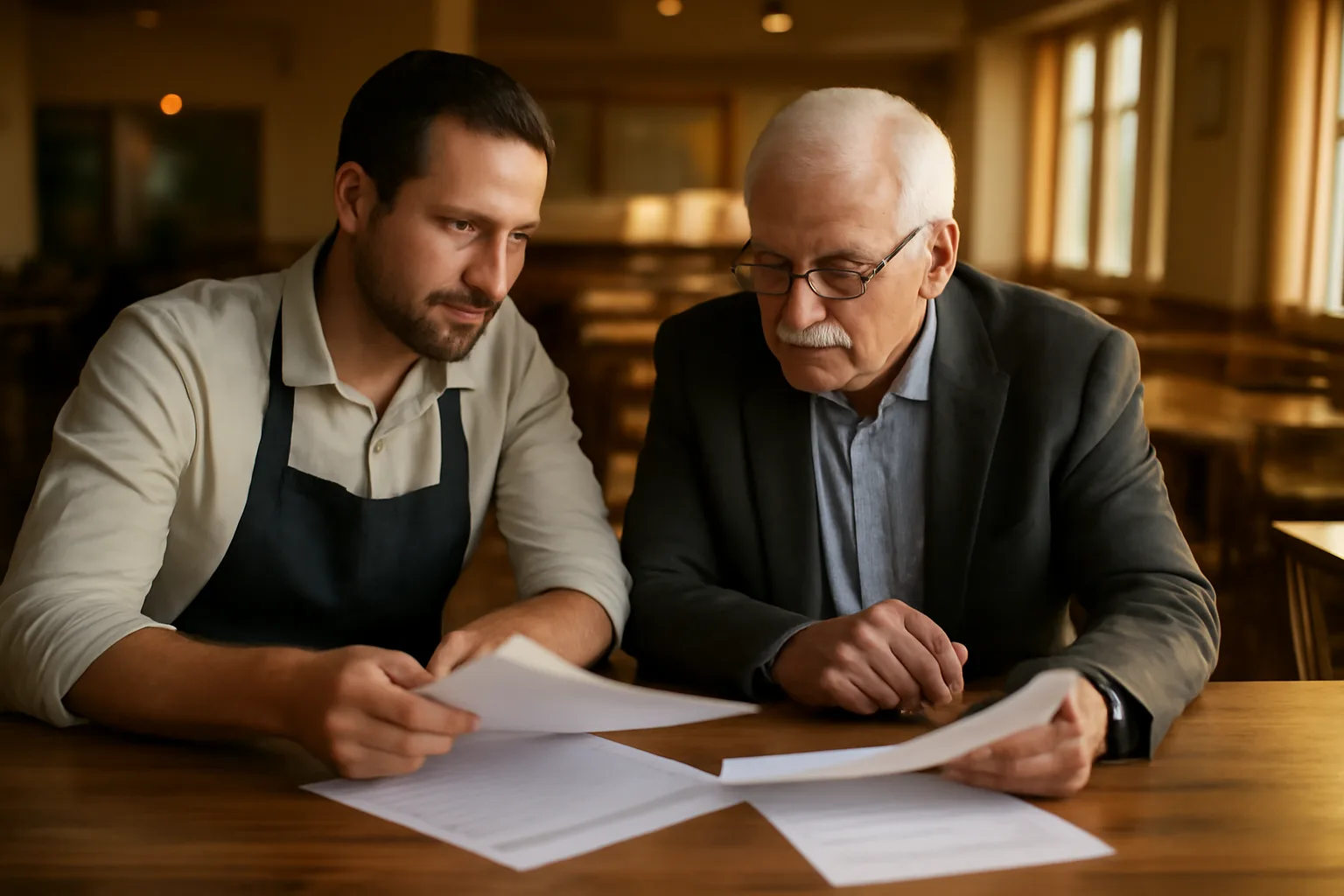 Restaurant owner reviewing liquor license paperwork with advisor at bar counter