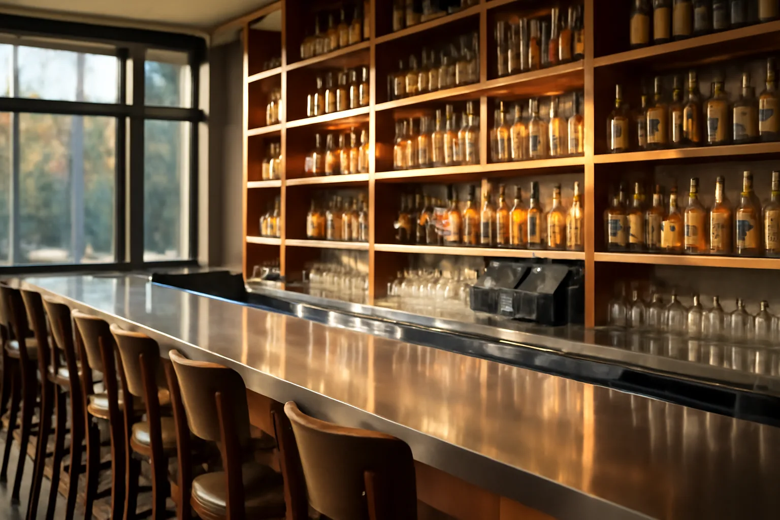 Empty restaurant bar with sunlit bottle shelving, illustrating California liquor license costs