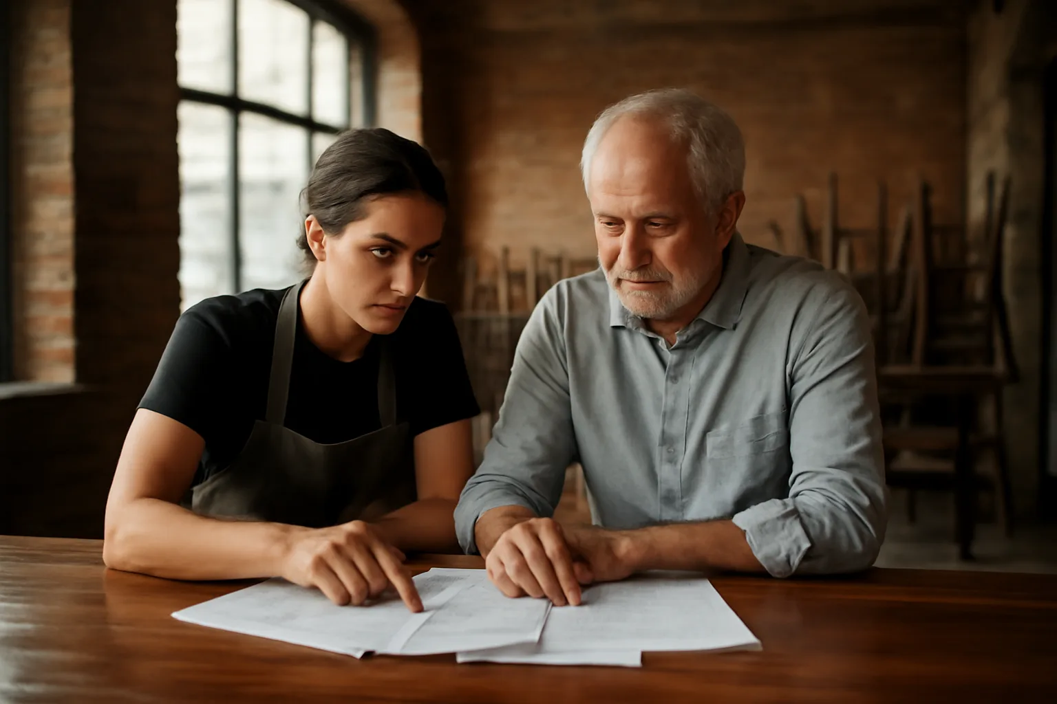Restaurant owner reviewing liquor license paperwork at a bar counter