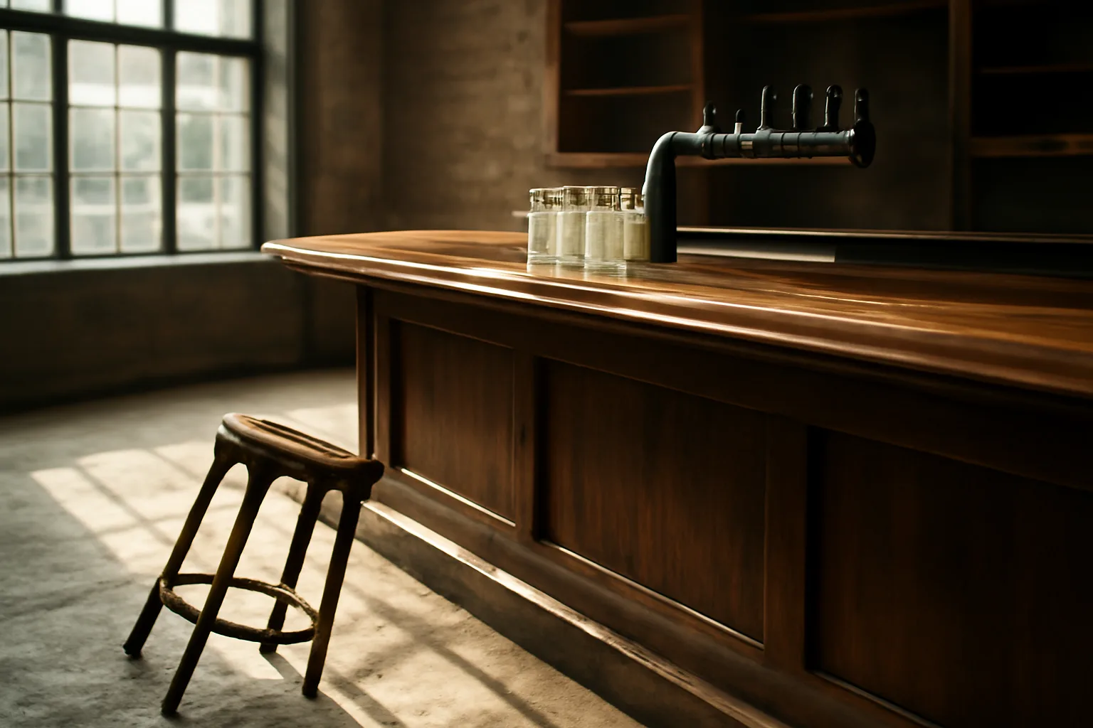 Empty new bar interior with sunlight, glassware, and construction dust before opening