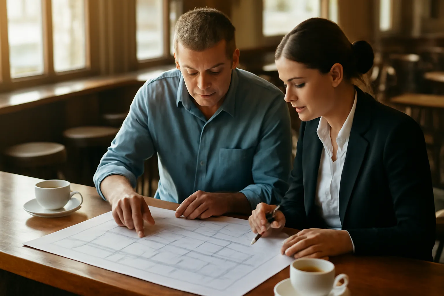 restaurant owner and inspector reviewing floor plan at bar counter before opening
