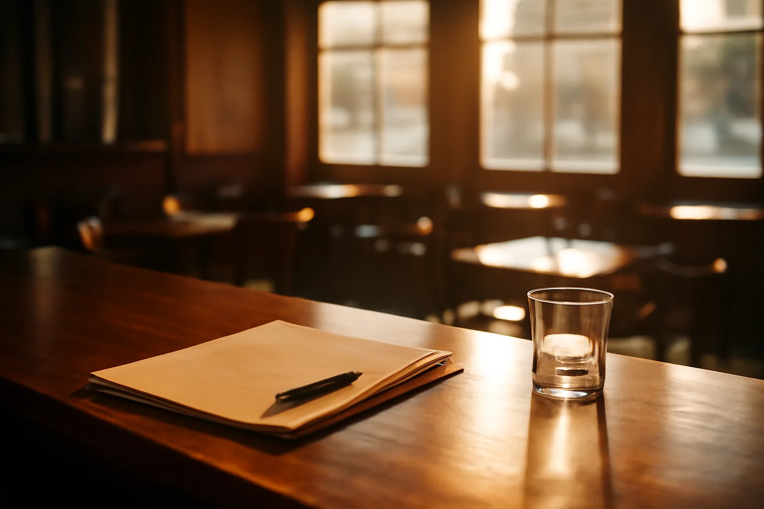 Folder of papers on a bar counter representing a one day liquor license application