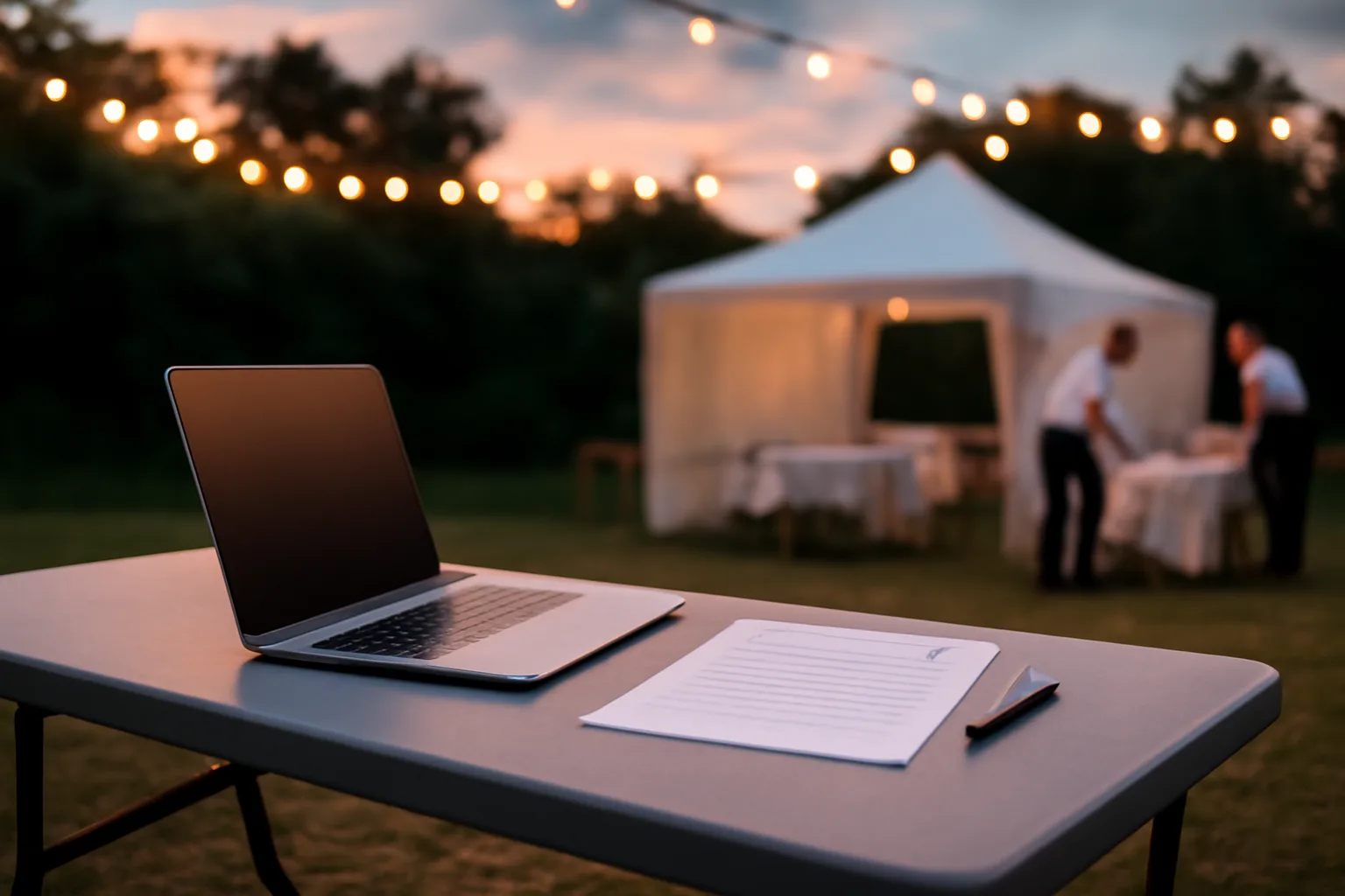 Event staff preparing a tent and paperwork before a one day liquor license event
