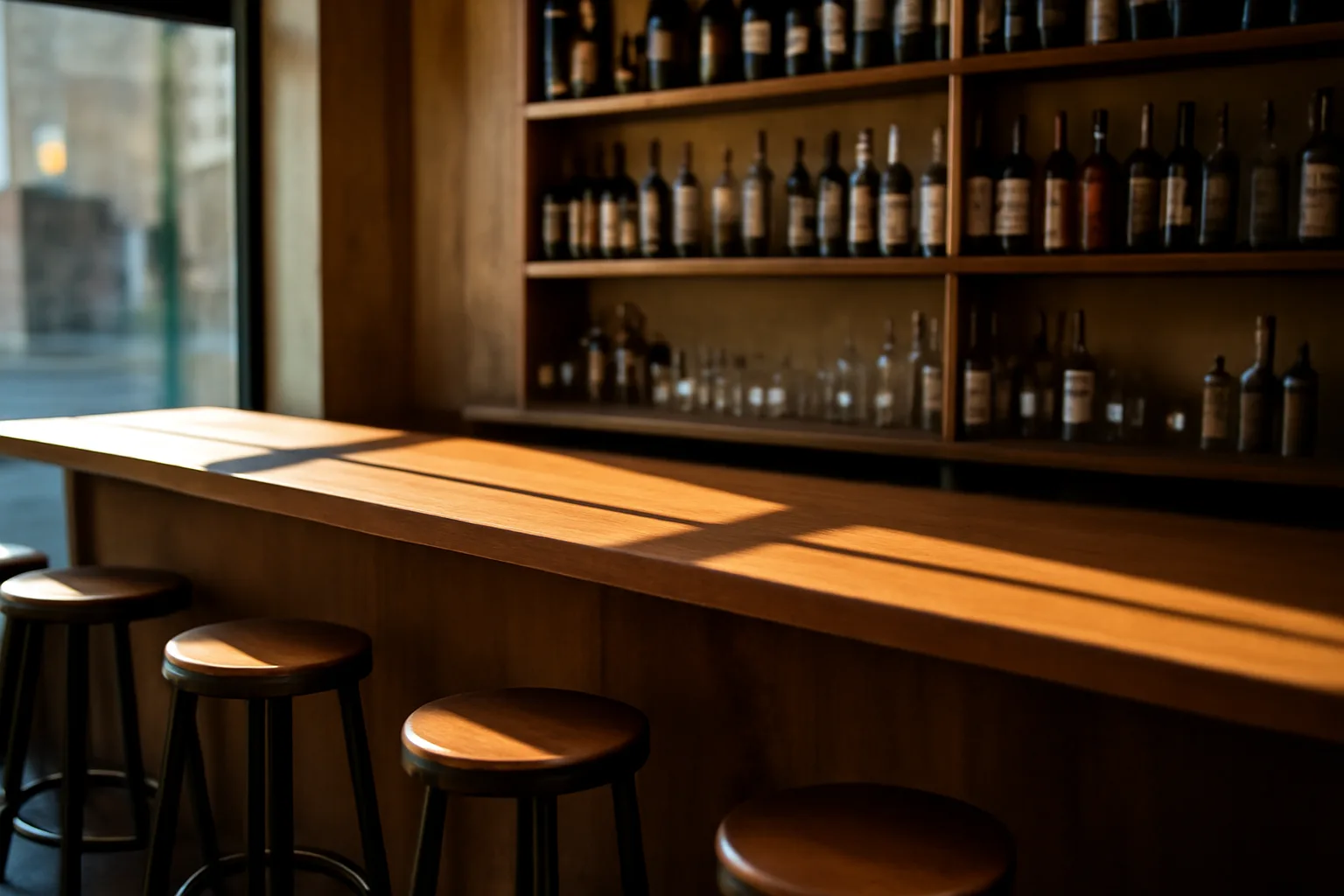Empty independent bar counter with sunlight, representing the liquor license process before opening