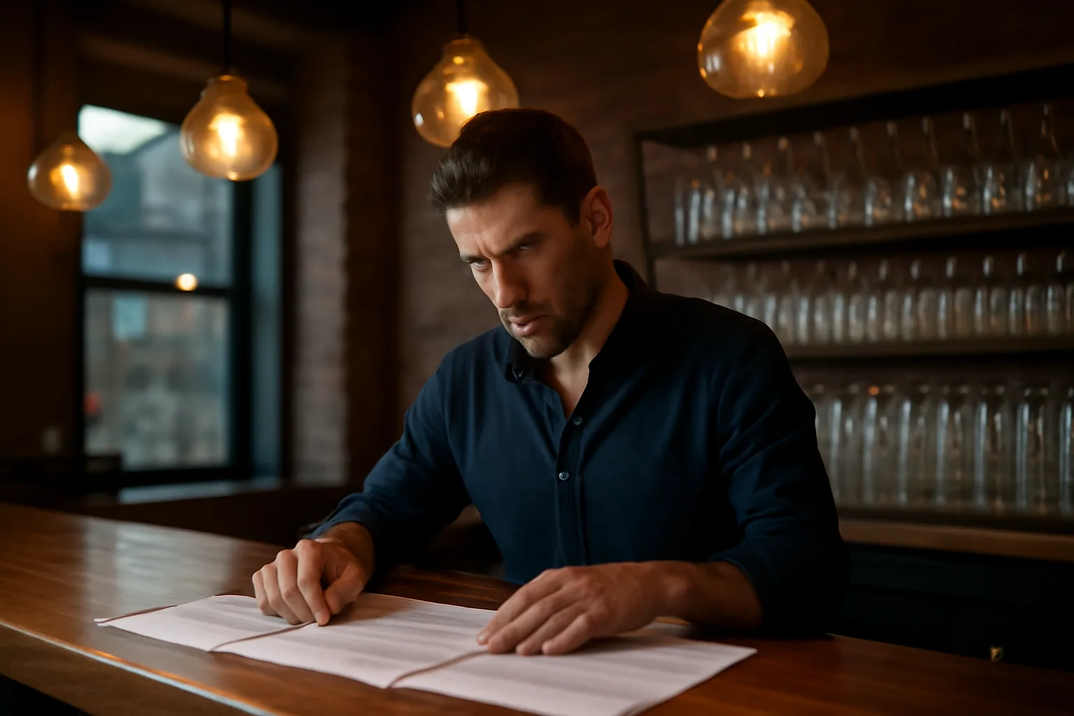 Bar owner reviewing liquor license paperwork at an empty bar counter