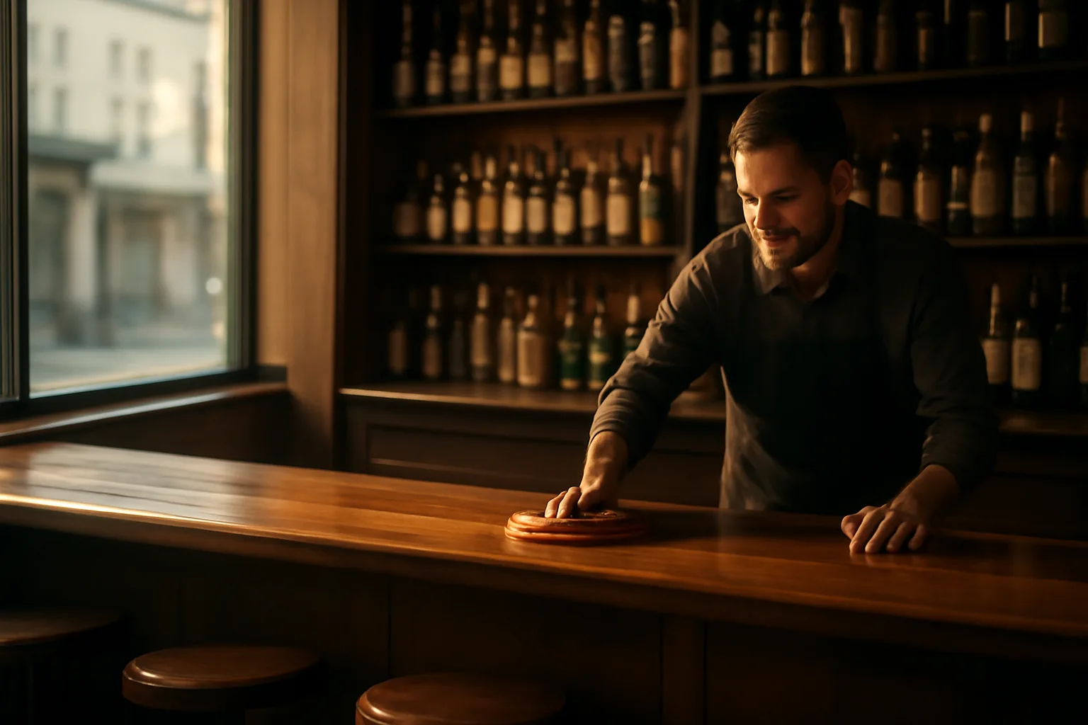 Bartender preparing an empty bar before opening, illustrating the liquor license application process