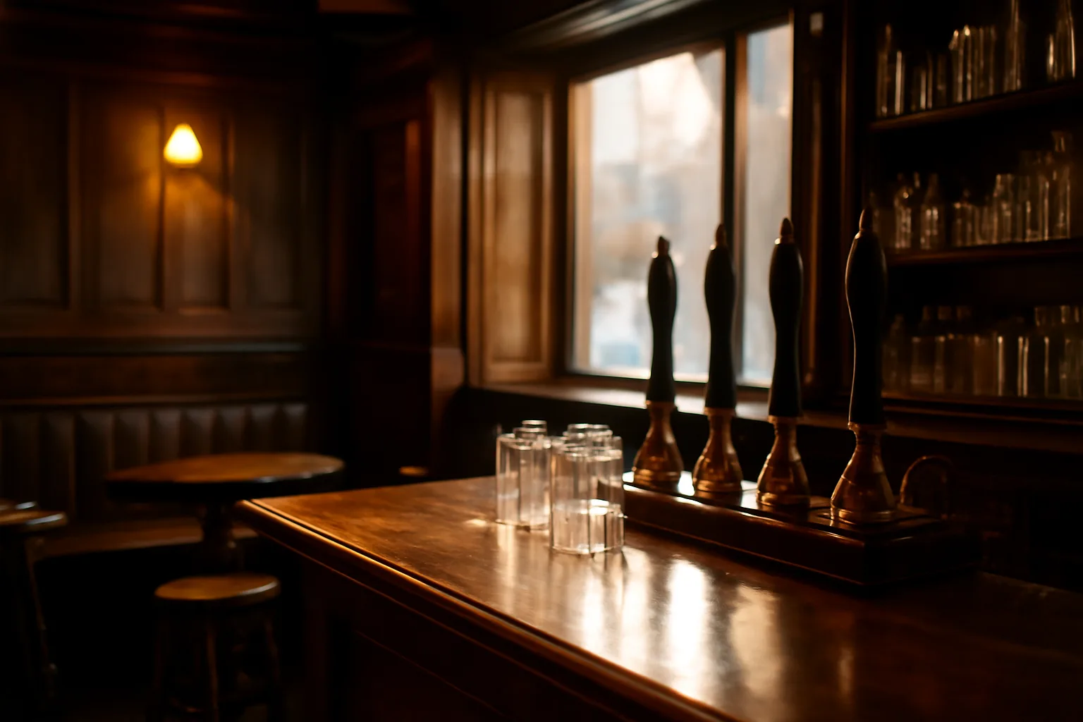 Empty UK pub bar interior lit by afternoon sun before opening hours