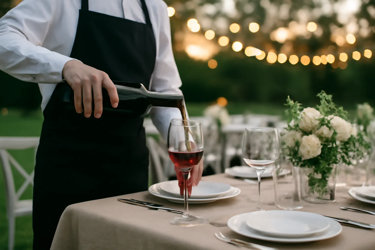 Caterer pouring wine at an outdoor evening wedding reception table setup