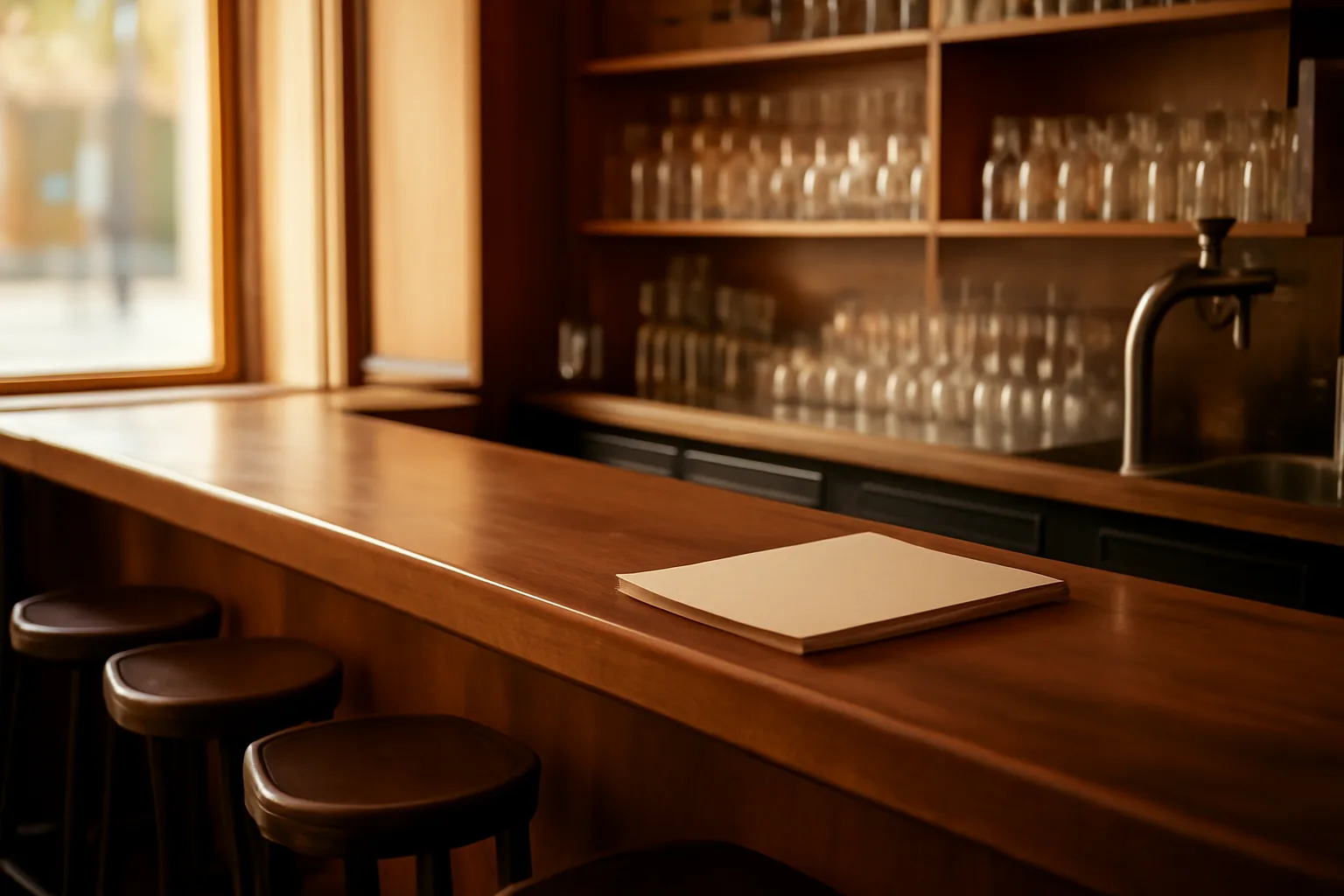 Empty restaurant bar counter with glassware, representing the liquor license application process