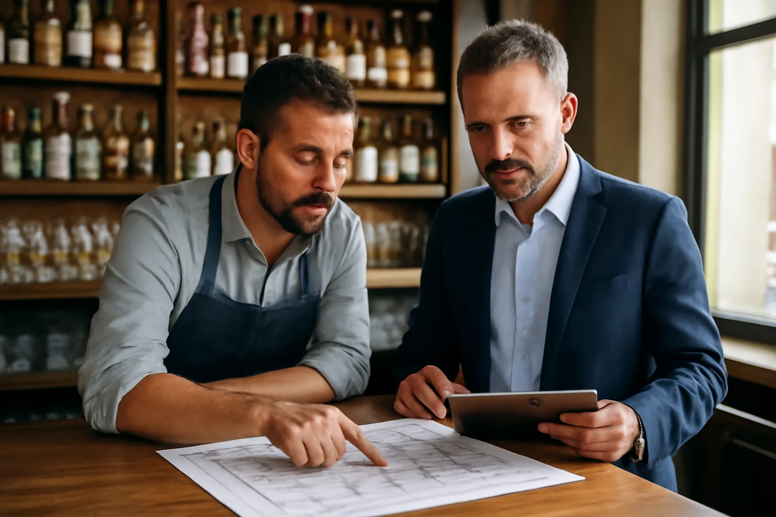 Restaurant owner and inspector reviewing floor plan at bar counter for liquor license