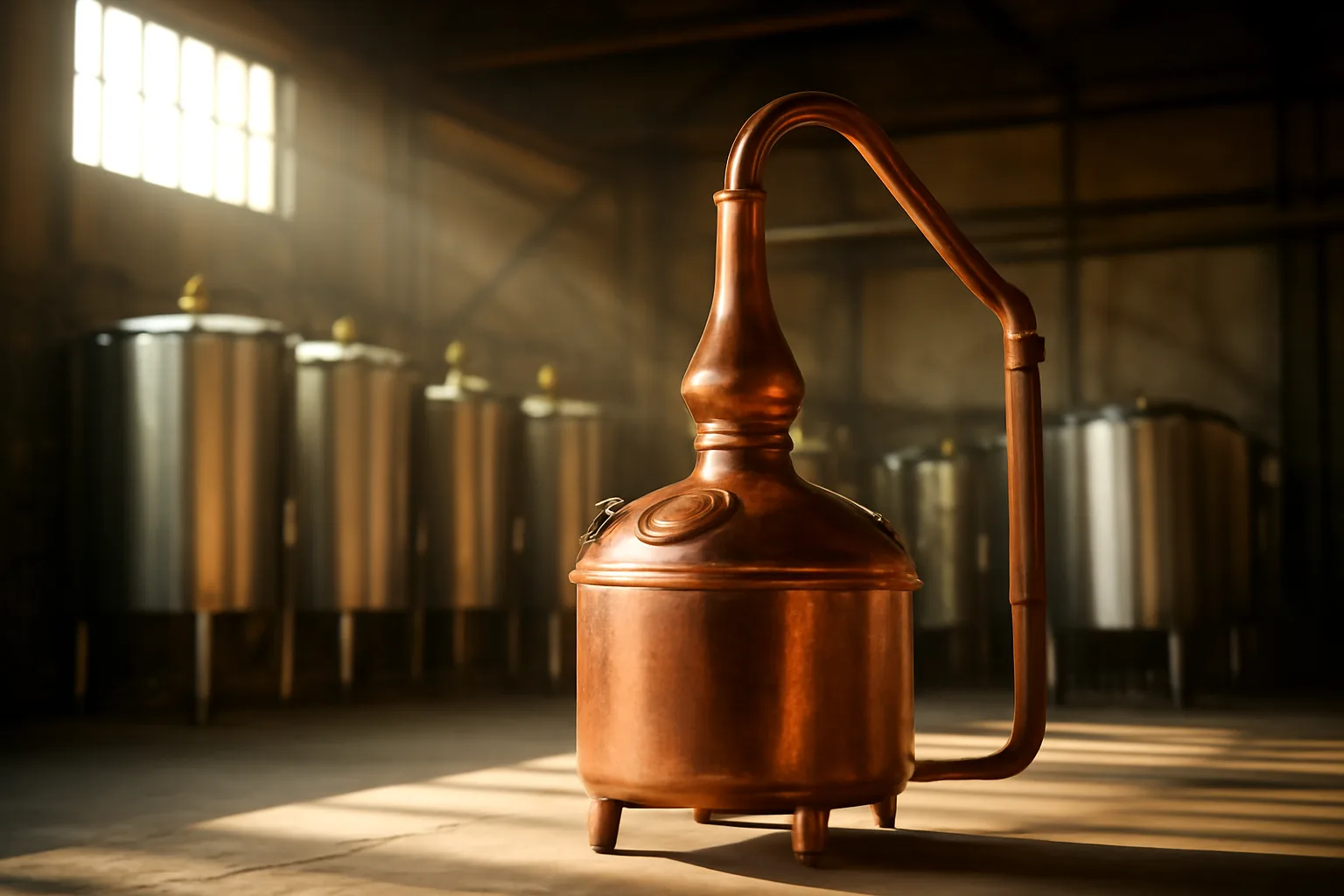 Copper distillery still in a licensed production facility with steel fermenters