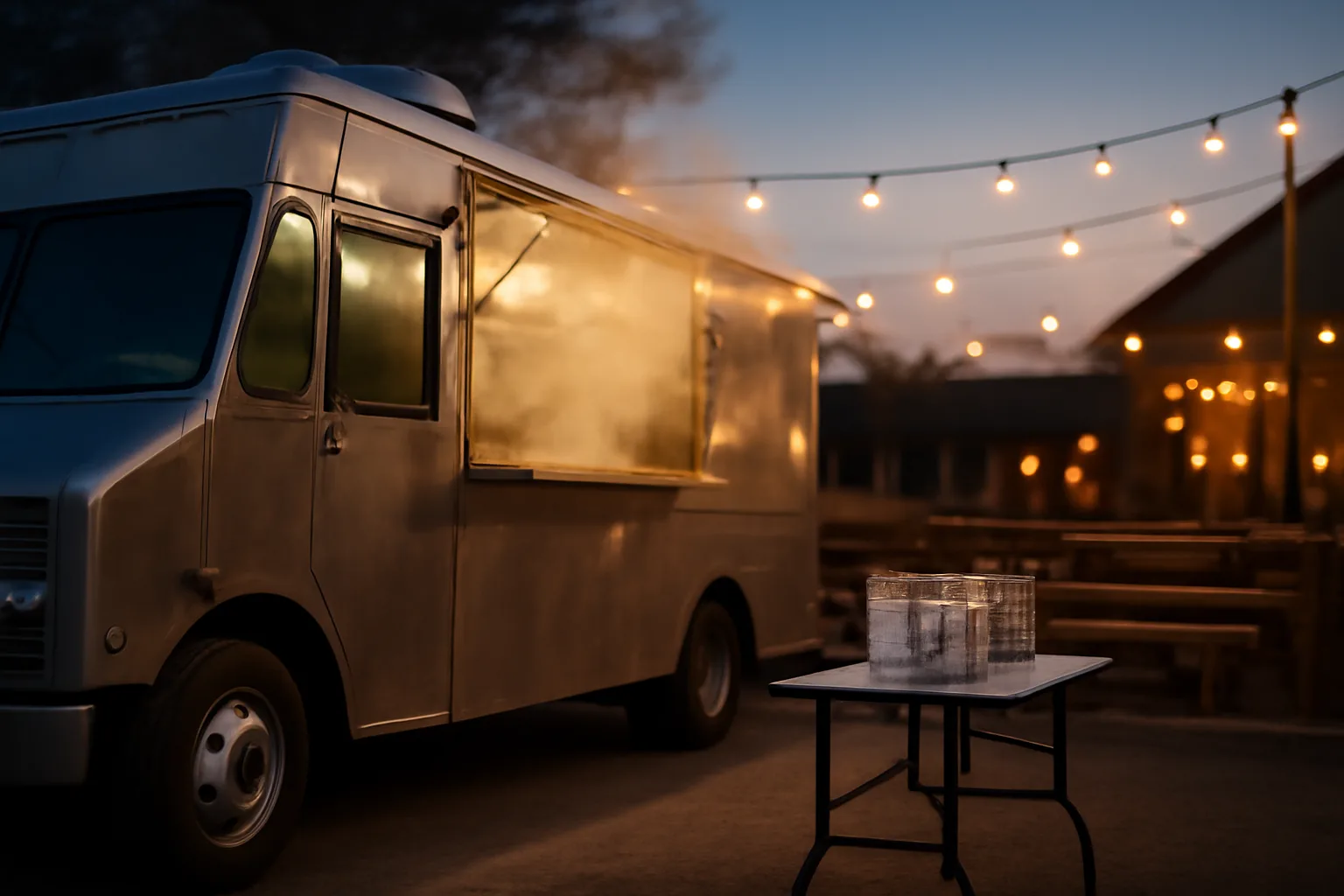 Food truck parked next to a brewery patio at dusk with string lights