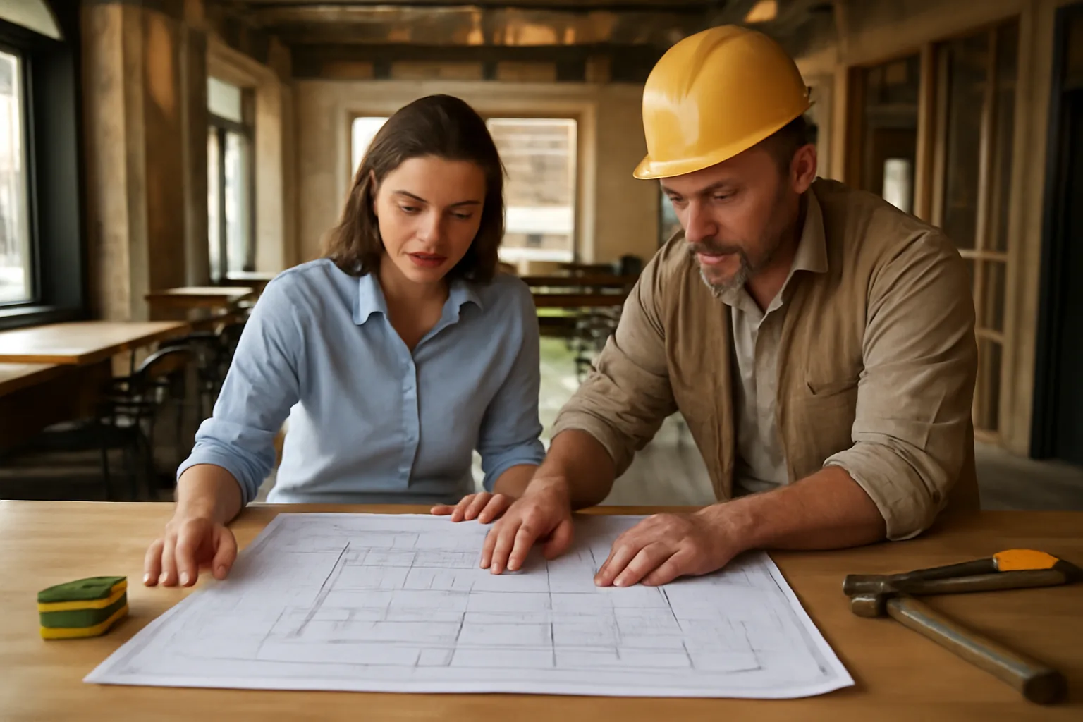 Restaurant owner reviewing floor plans at bar during liquor license application prep