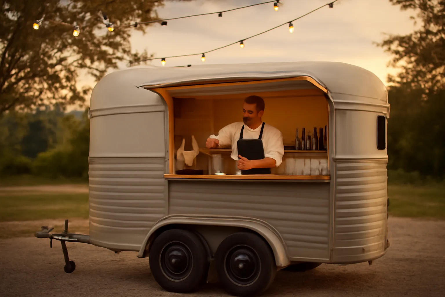 Bartender mixing drinks at a mobile bar trailer during an outdoor evening event