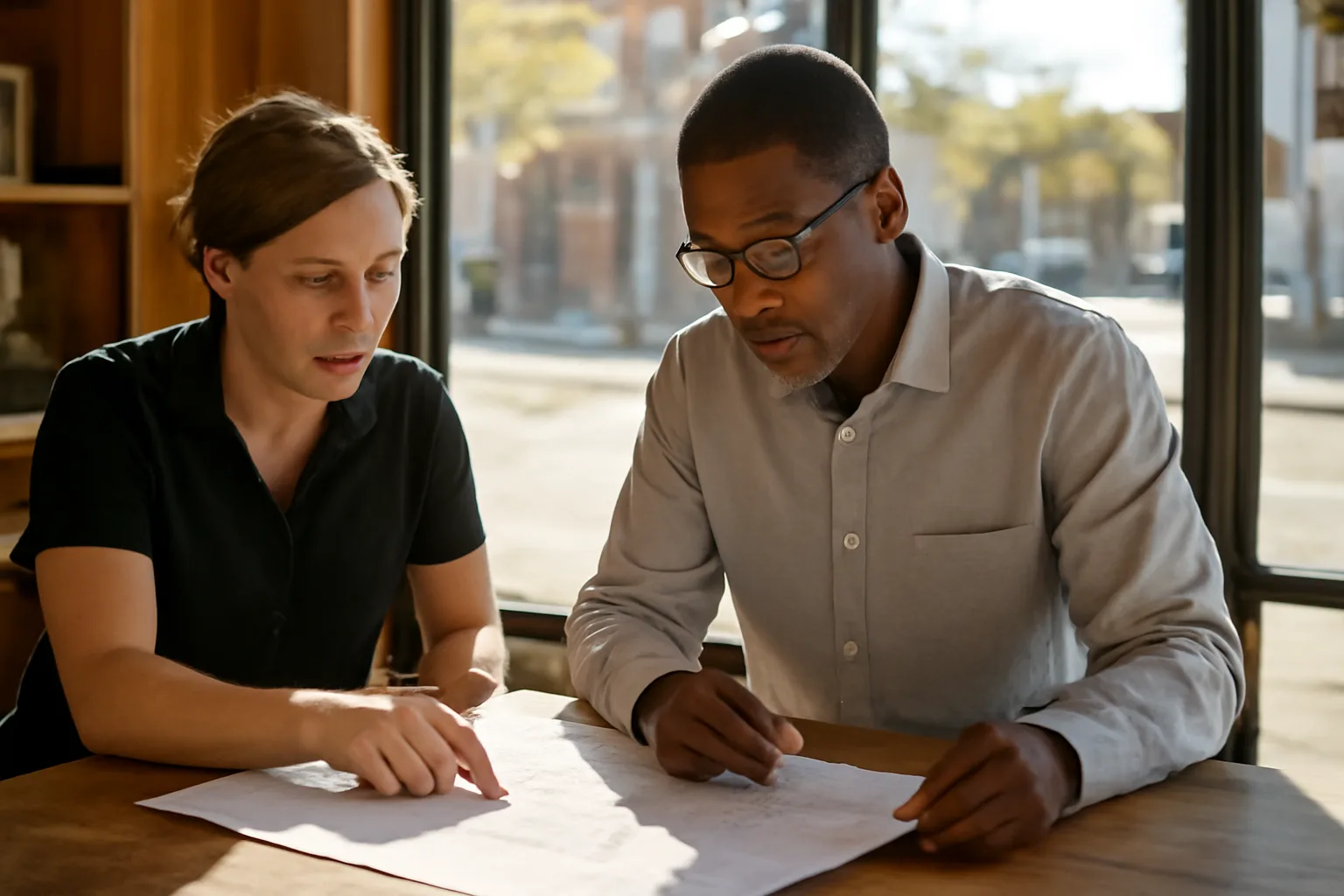 Restaurant owner reviewing premises diagram with a clerk in a Denver storefront
