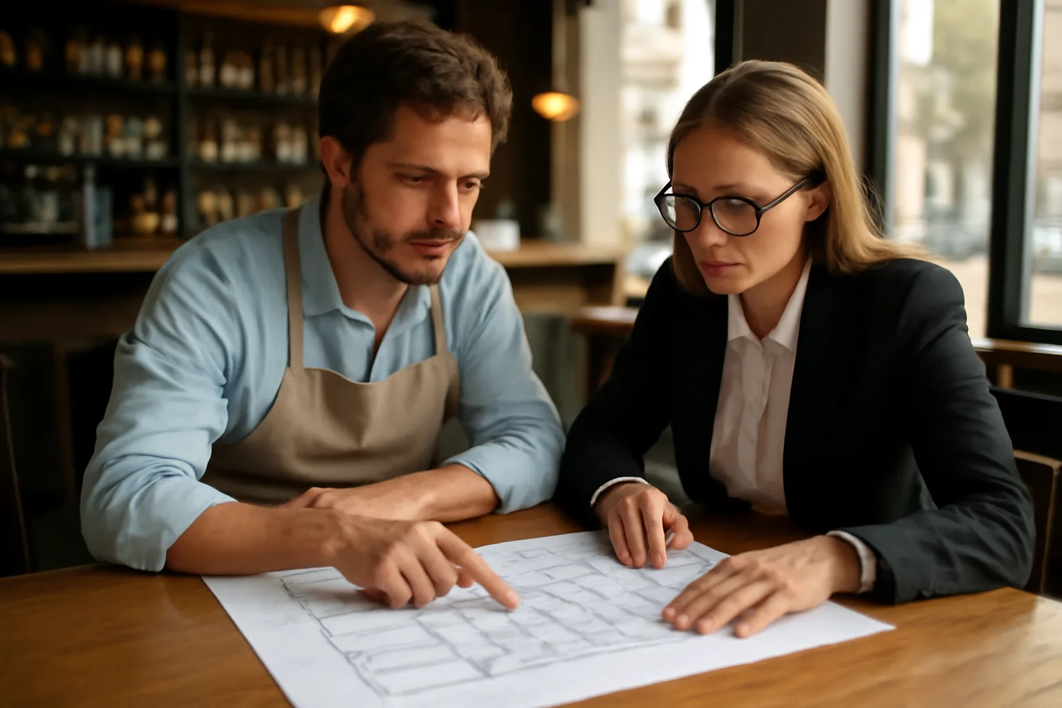 Restaurant owner reviewing floor plan documents at a bar counter with morning light