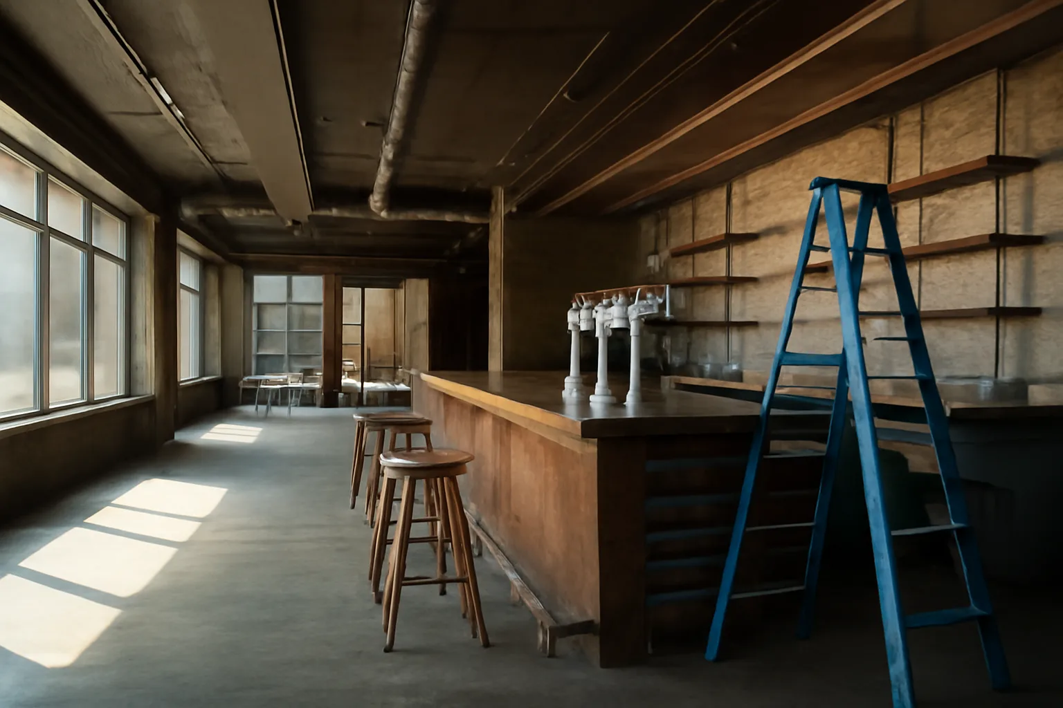 Empty Houston restaurant bar mid-buildout before opening, natural daylight through windows