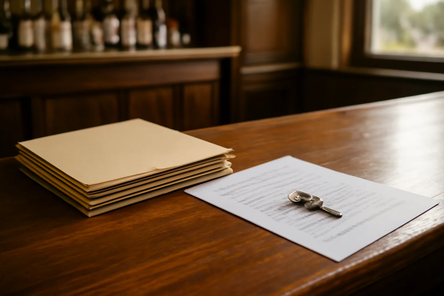 Bar counter with folders and keys representing liquor license paperwork for a new restaurant