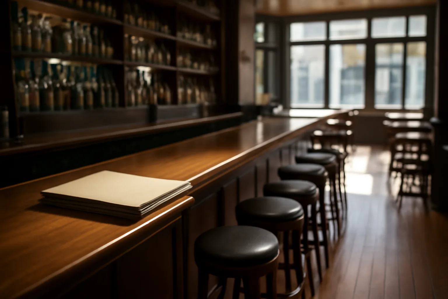 Empty Las Vegas restaurant bar counter with paperwork stacked during licensing process