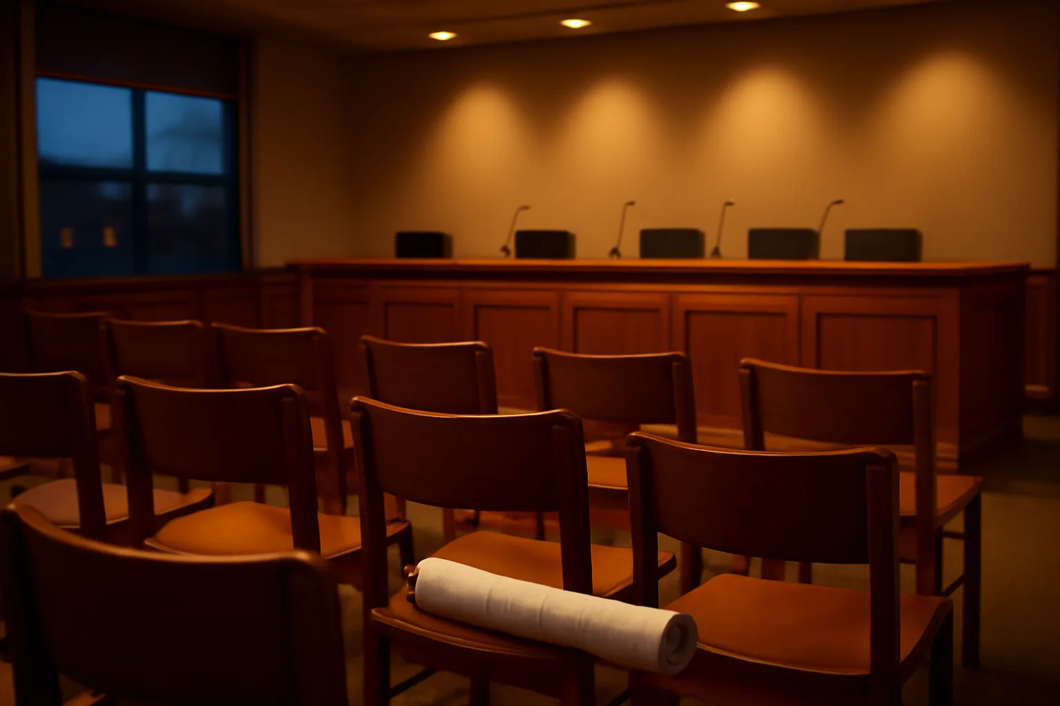 Empty municipal hearing room where local liquor license applications get reviewed