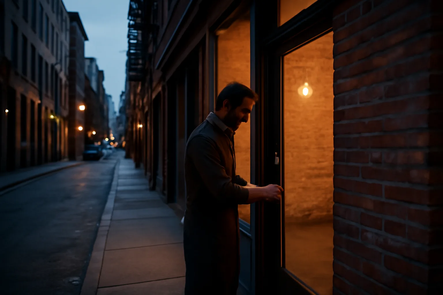 Restaurant owner unlocking storefront door while getting a liquor license in NYC