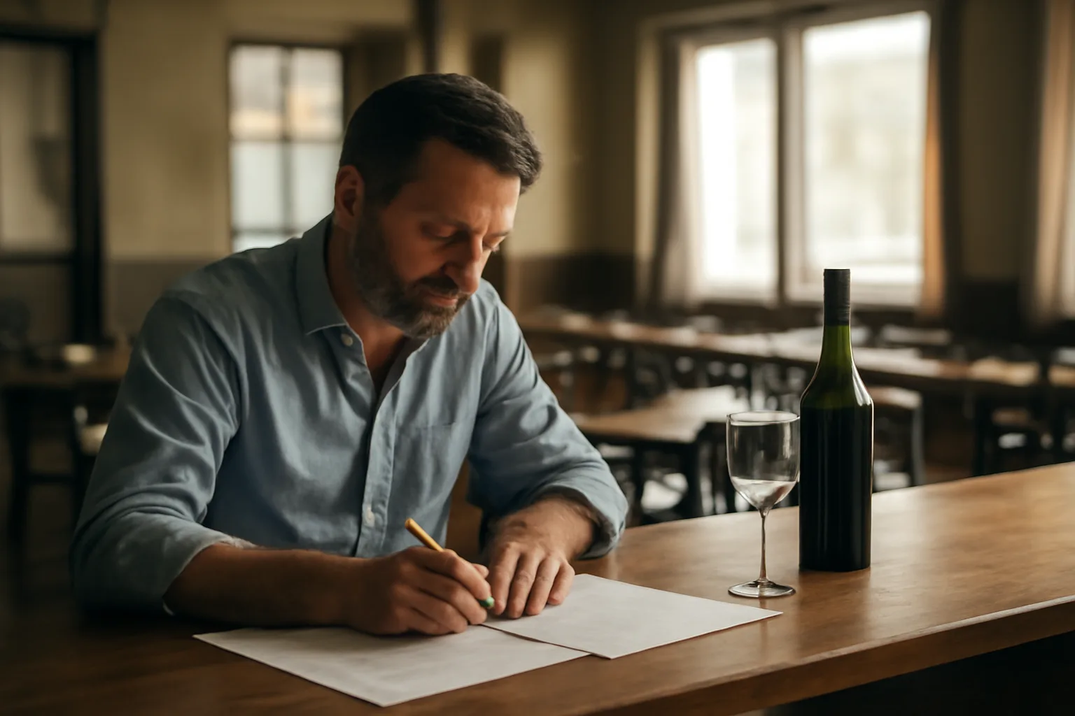 Restaurant owner reviewing documents at a bar counter before opening, related to getting a liquor license in NY state