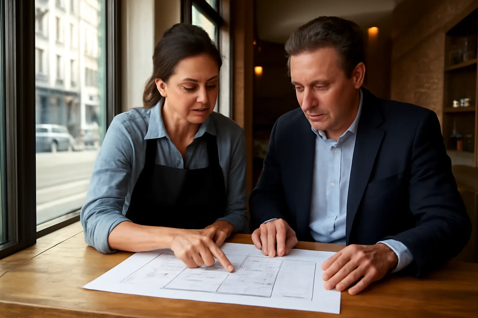 Restaurant owner discussing liquor license permit process at a San Francisco storefront counter